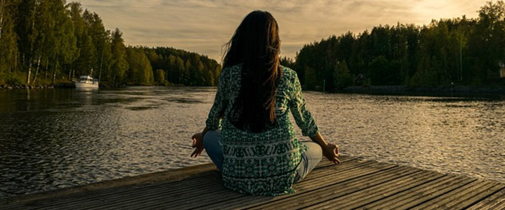 yoga, woman, lake