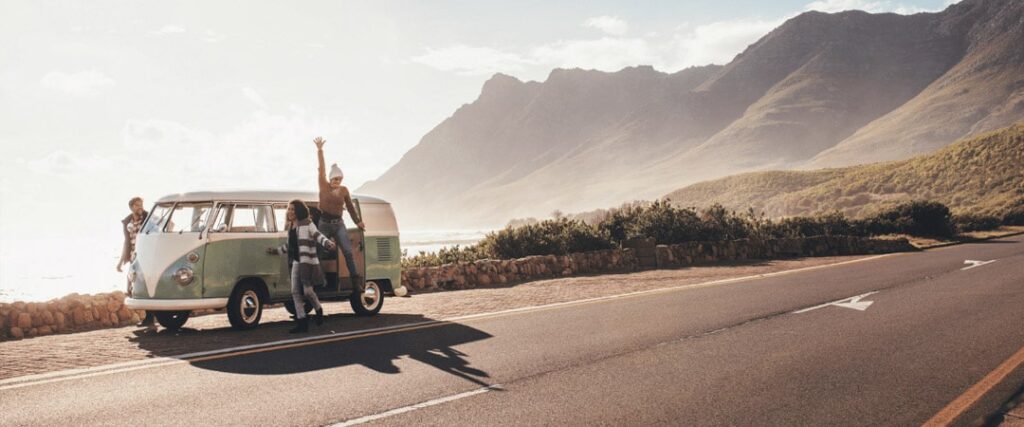 A couple enjoying a scenic road trip