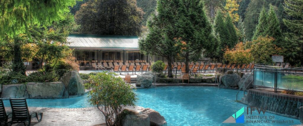 A senior couple soaking in hot springs