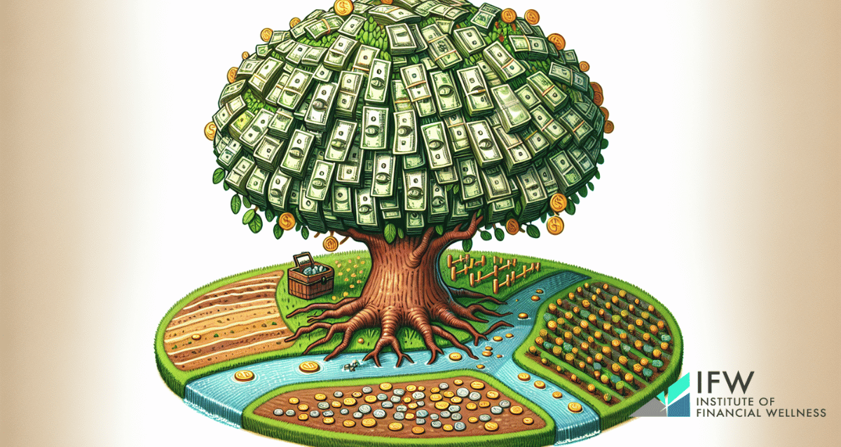Illustration of a tree growing money to represent building a million dollar nest egg