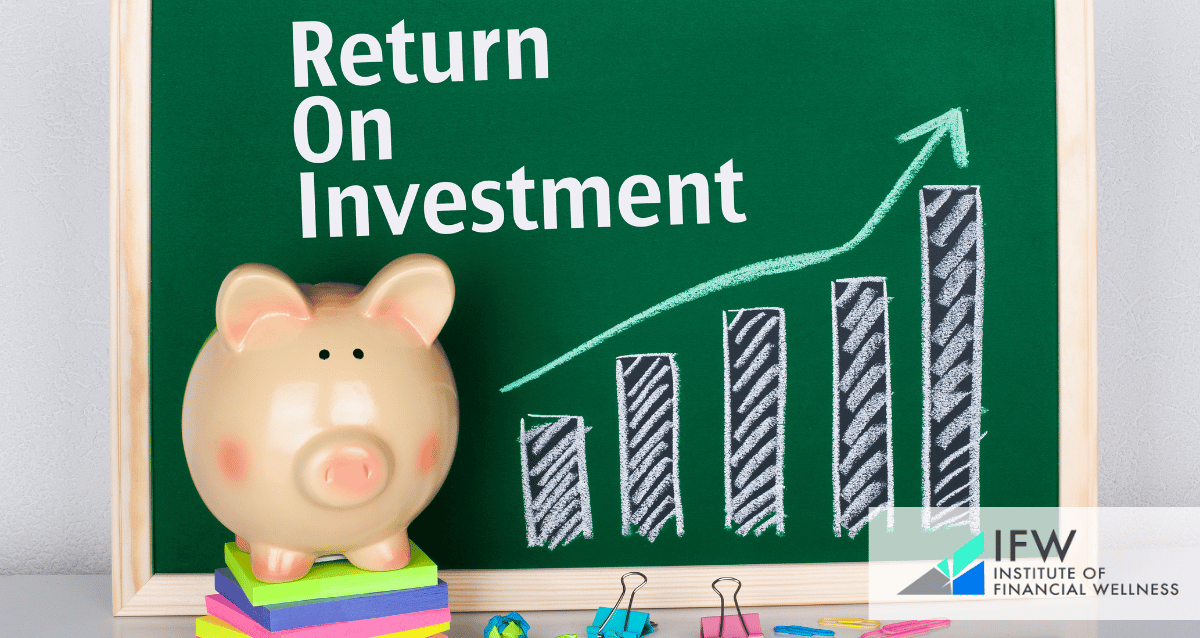 An image of a piggy bank and a chalkboard that reads: return on investment