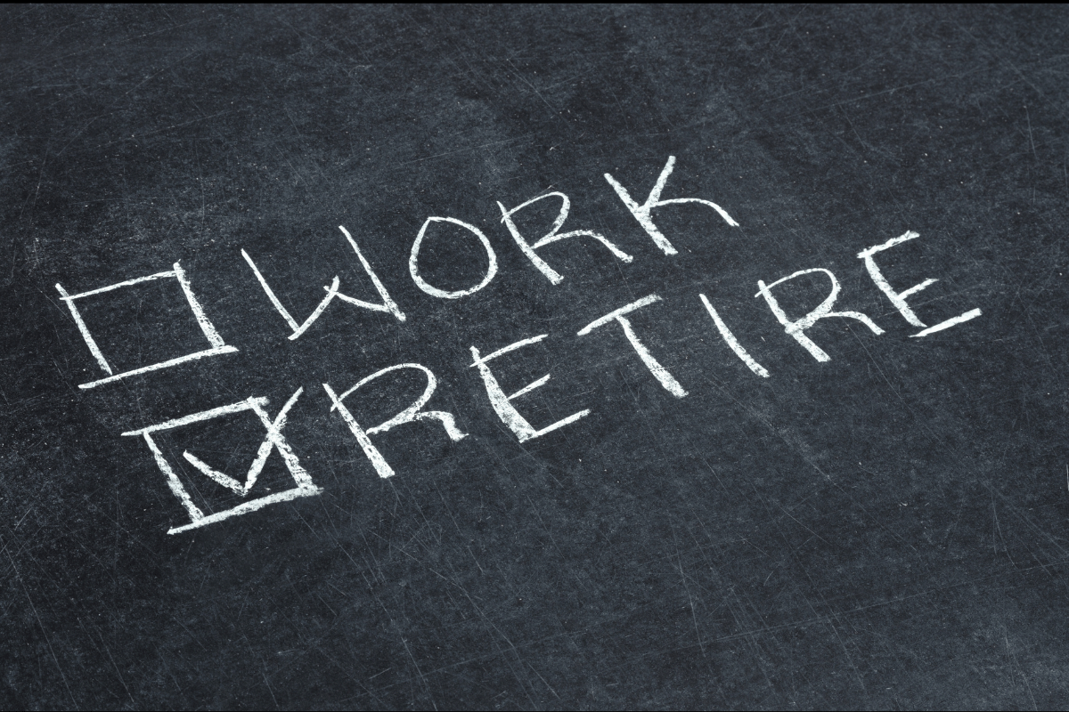 Checklist written in chalk that includes "Work" and "Retire"; retire is checked off