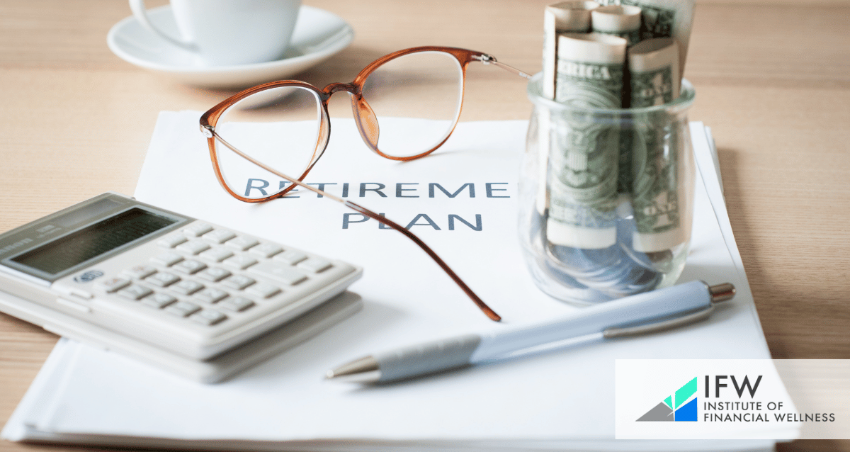 An image of a pair of glasses, a calculator, a jar with money and a document for retirement income needs