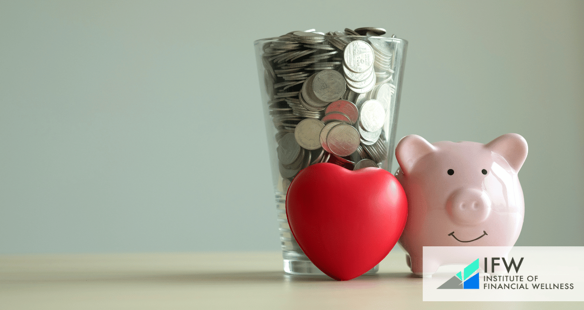 An image of a glass filled with coins, next to a heart and a piggy bank