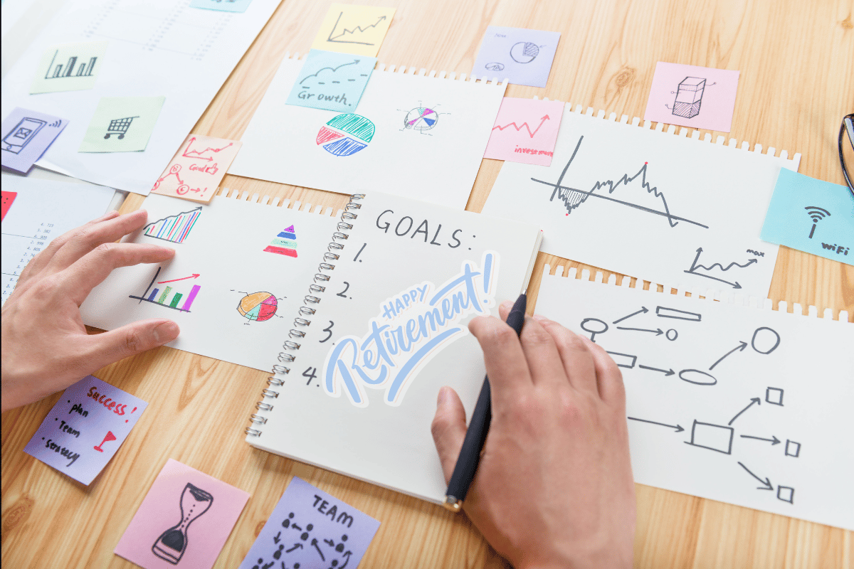 Retirement goals and plans laid out on several sheets of notebook paper on a table