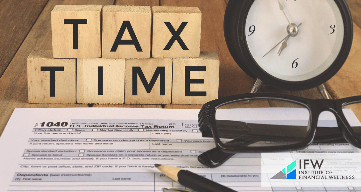 An image of blocks spelling the word "tax time", a tax form, a pair of glasses, and a clock