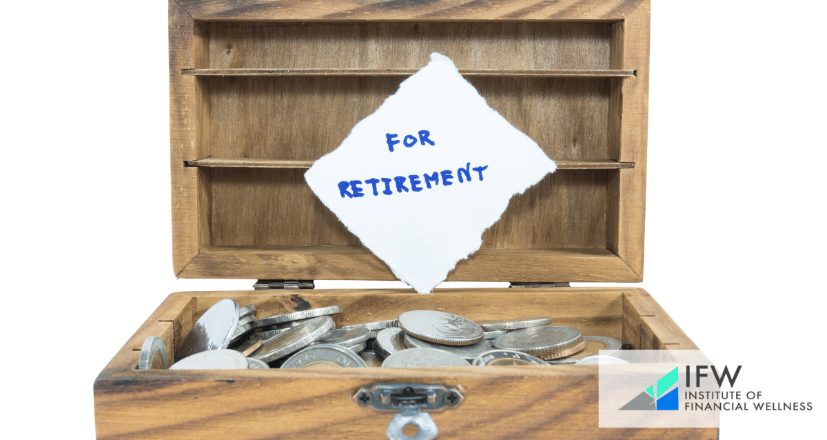 A box filled with coins and a piece of paper that reads "for retirement"