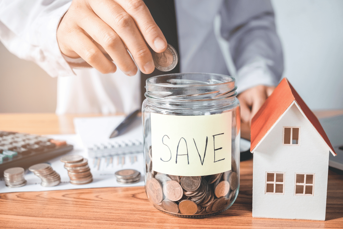 Young man saving for retirement early, dropping coins in a jar labeled "Save"