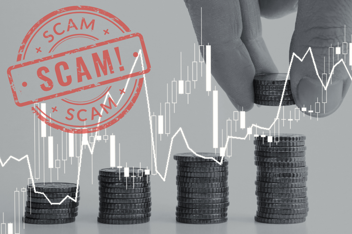 Red investment scam stamp over a graph and stacks of coins