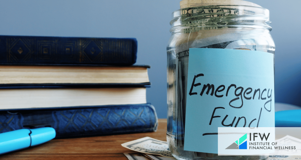 An image of a jar with money and the words emergency fund, with some books