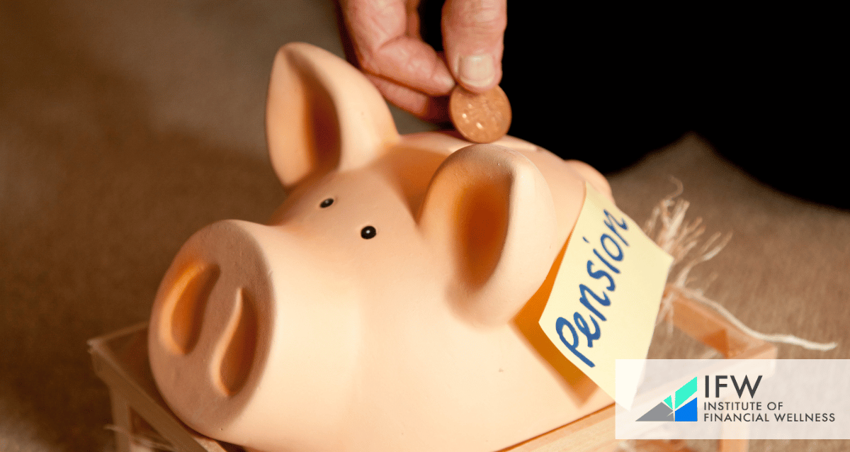 A perdon adding a coin to a piggy bank that has a sign with the word "pension"