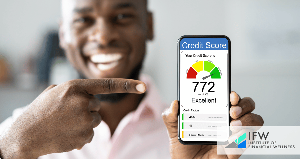 A person pointing to a smartphone indicating their credit score