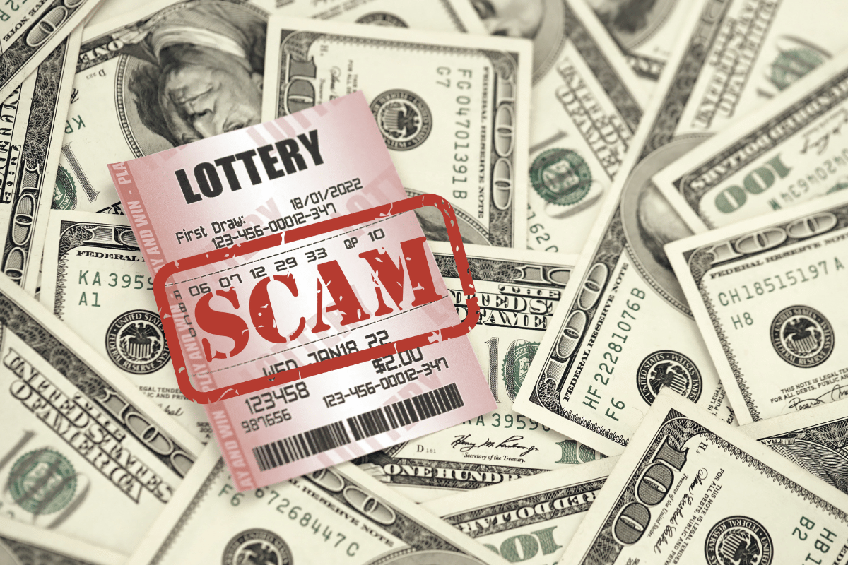 Lottery ticket scam over a pile of money