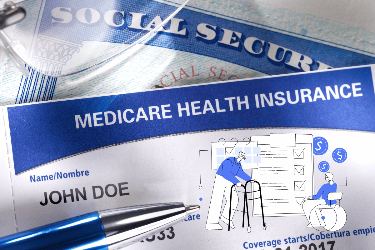 Elderly couple checklist graphic superimposed on Medicare and Social Security cards