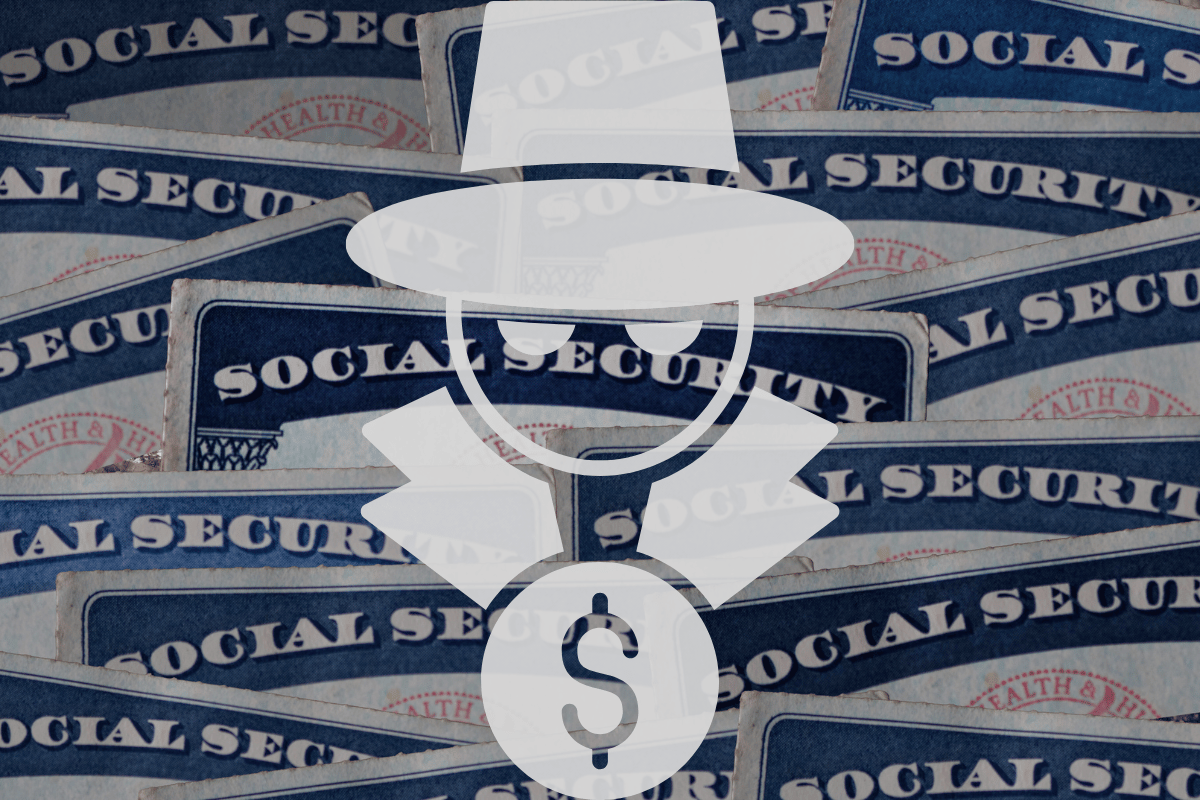 Suspicious individual graphic over multiple social security cards