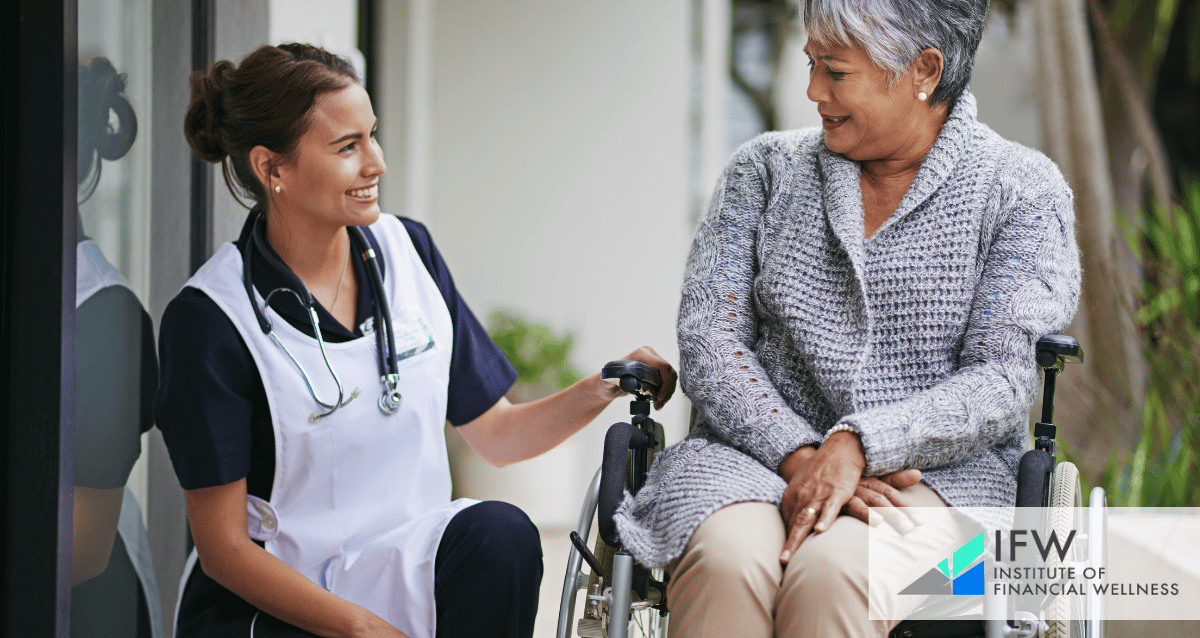 A nurse helping a woman in a wheelchair