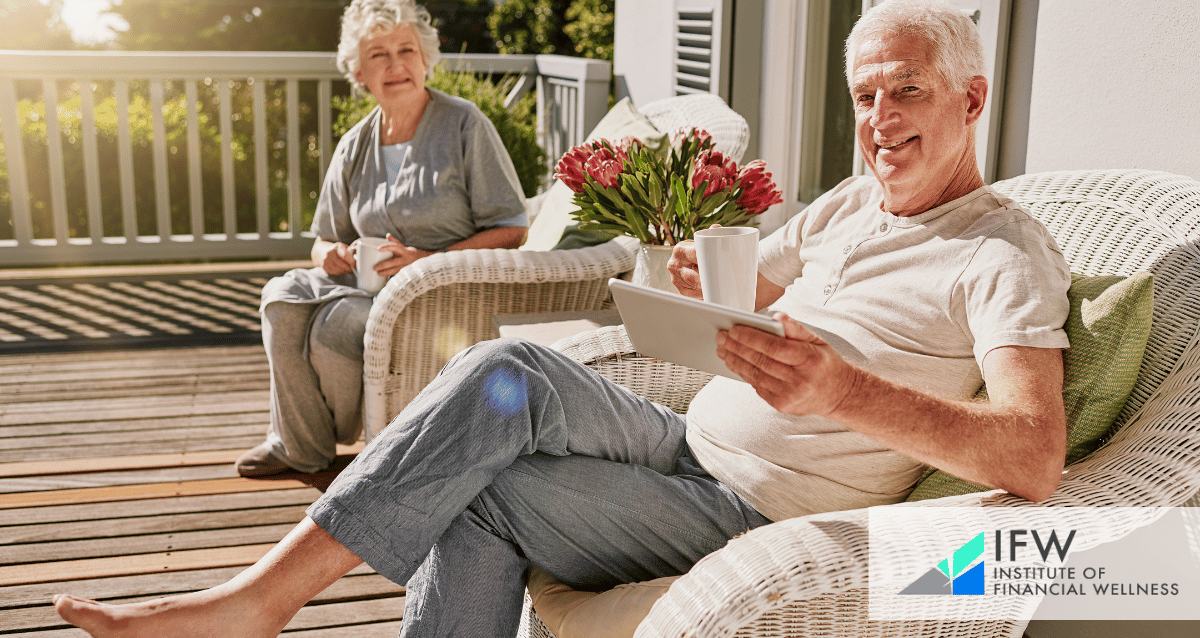 An image of an elderly couple having coffee on their porch and analyzing tax efficient withdrawal strategies