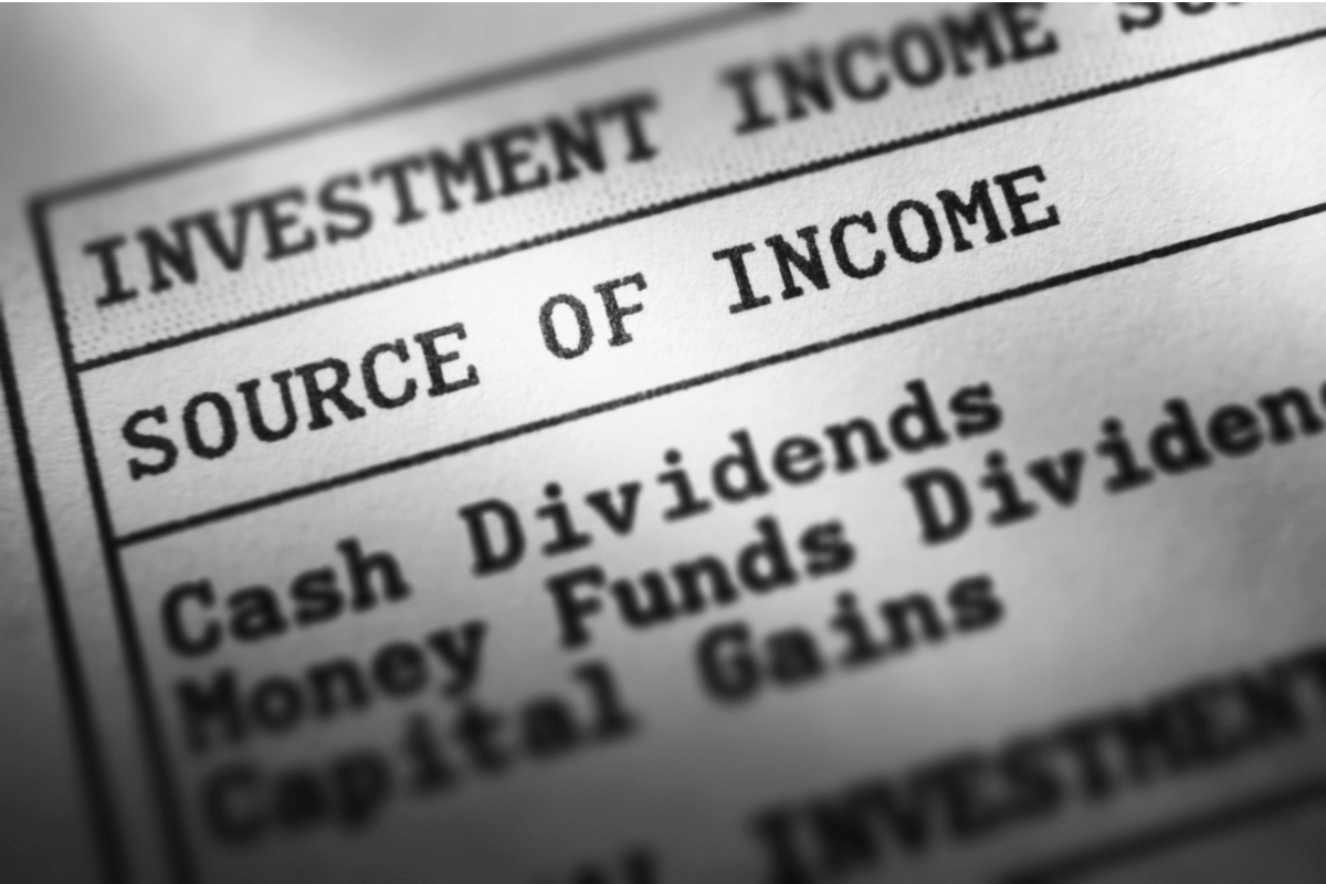 Source of income paperwork including cash dividends, money funds dividends, and capital gains