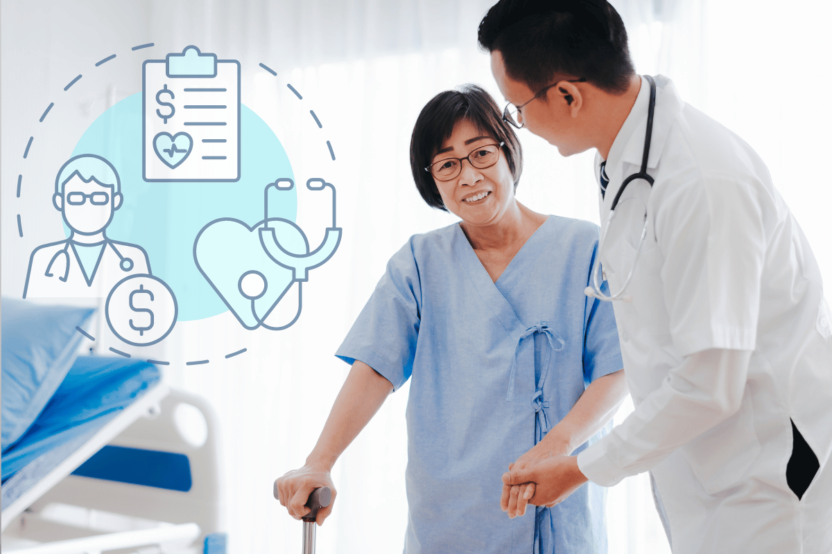 Female patient in hospital gown discussing healthcare costs with her doctor