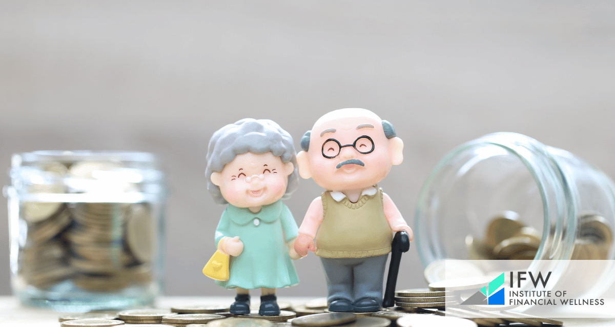 An image of dolls of an older couple and jars with coins