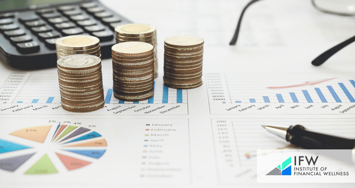 An image of coins, a calculator, and papers with graphs