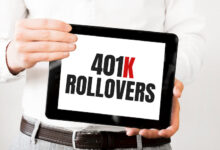 Text 401k ROLLOvERS on tablet display in businessman hands on the white bakcground. Business concept