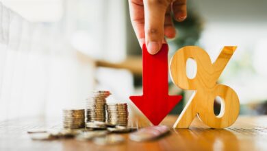 Percentage model, coin stack and down arrow, concepts for success, methods, systems of raising or lowering Fed interest rates to correct inflation concepts.