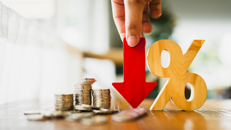 Percentage model, coin stack and down arrow, concepts for success, methods, systems of raising or lowering Fed interest rates to correct inflation concepts.